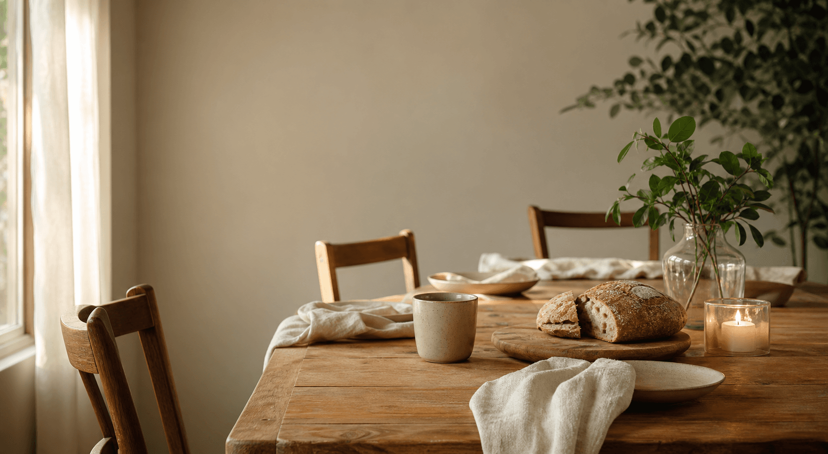A quiet wooden table with bread, a cup, candlelight, and open seats.